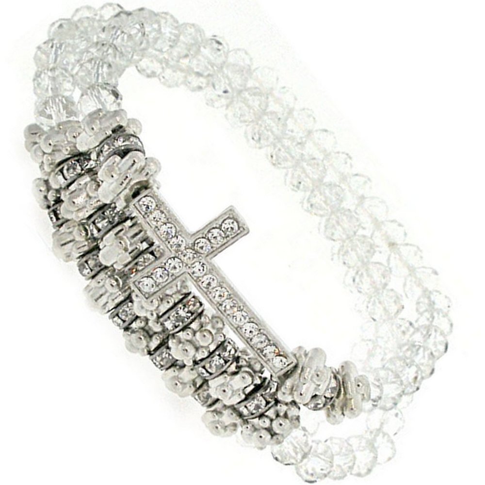 Silver Beaded Clear Faceted Crystal Beaded Cross Stretch Layering Bracelet
